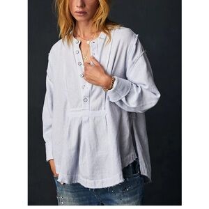 Free People - Edged Washed Oversized Striped Shirt Blouse Sz S